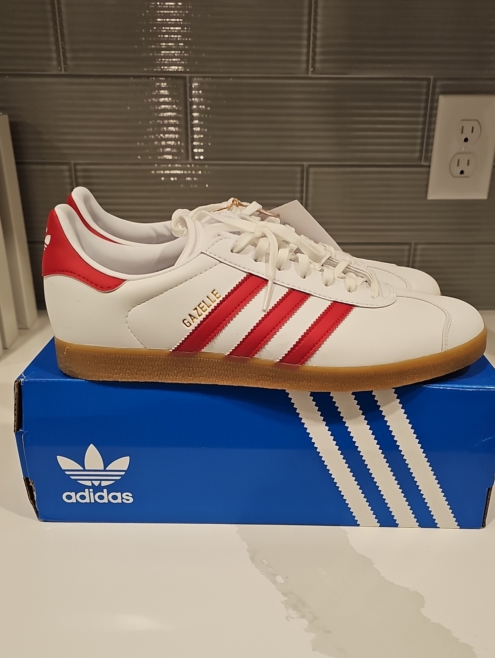 adidas Gazelle White Leather Sneakers with Red Stripes